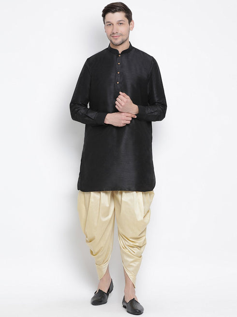 Vastramay Men's Black Silk Blend Curved Kurta Dhoti Set